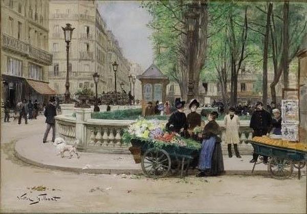 Marchande De Fleurs Et Des Fruits Dans Un Square A Paris Oil Painting by Victor-Gabriel Gilbert