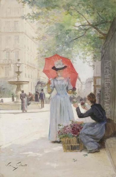 Jeune Femme A L'ombrelle Achetant Des Fleurs Oil Painting by Victor-Gabriel Gilbert