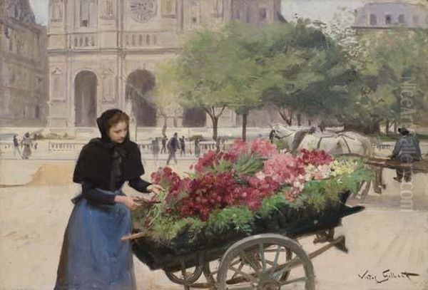 Marchande De Fleurs Devant L'eglise De La Trinite Oil Painting by Victor-Gabriel Gilbert