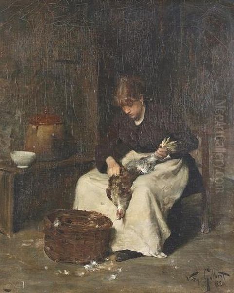 Junge Frau Beim Huhnerrupfen. Oil Painting by Victor-Gabriel Gilbert