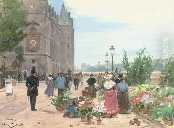 Flower Sellers Before The Conciergerie, Paris Oil Painting by Victor-Gabriel Gilbert