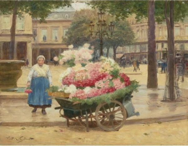 Flower Seller Place Du Theatre Francais Oil Painting by Victor-Gabriel Gilbert