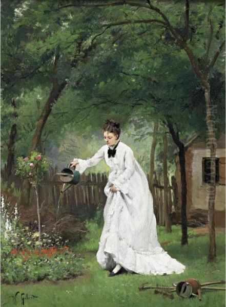 Madame Gilbert Watering Flowers Oil Painting by Victor-Gabriel Gilbert