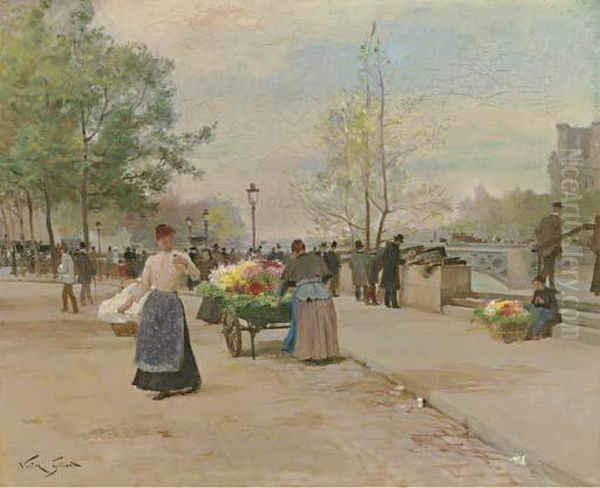 The Flower Sellers By The Pont Du Louvre Oil Painting by Victor-Gabriel Gilbert