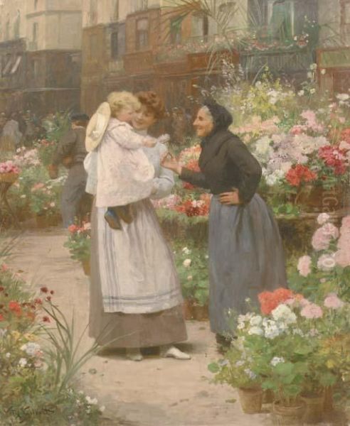 A Flower Seller Offering A Flower To A Child Oil Painting by Victor-Gabriel Gilbert