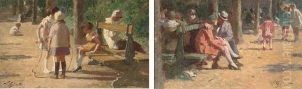 Children In A Park; And A Couple On A Park Bench Oil Painting by Victor-Gabriel Gilbert