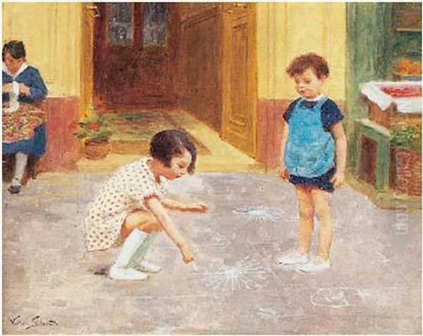 Le Jeu De La Marelle, Circa 1920 Oil Painting by Victor-Gabriel Gilbert