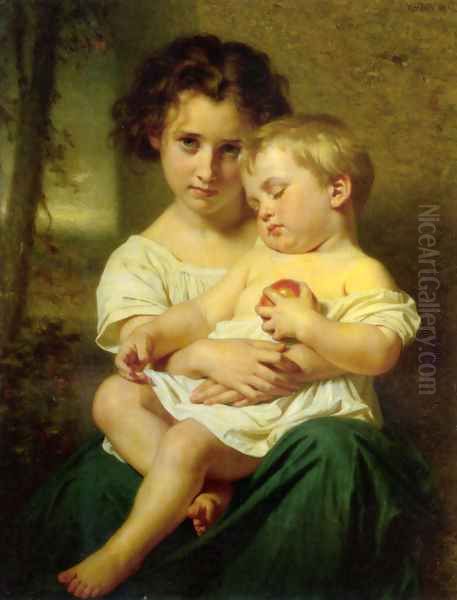 Jeune fille tenant un enfant endormi Oil Painting by Hugues Merle