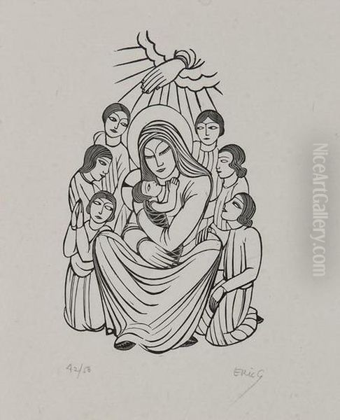 Nativity Scene Oil Painting by Eric Gill