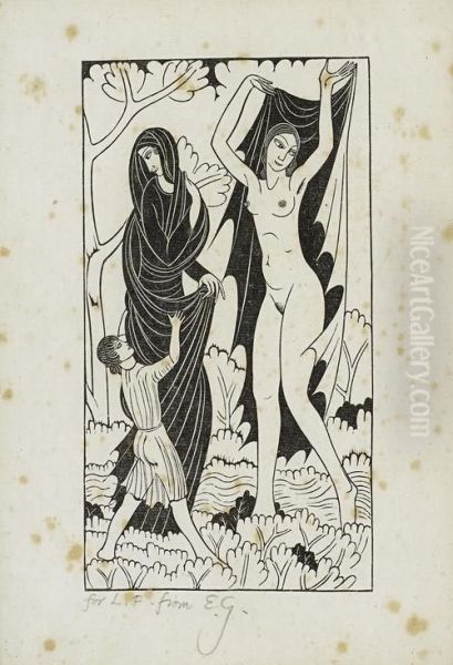 Nature And Nakedness Woodcut Oil Painting by Eric Gill