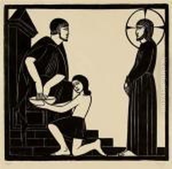 Christ And The Money-changers ; Jesus Beforepilate; Good Shepherd Oil Painting by Eric Gill