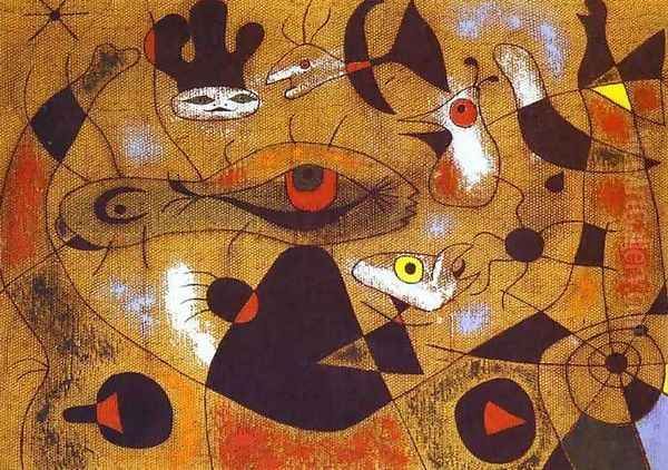 A Dew Drop Falling from a Bird's Wing Wakes Rosalie, who Has Been Asleep in the Shadow of a Spider's Web Oil Painting by Joaquin Miro