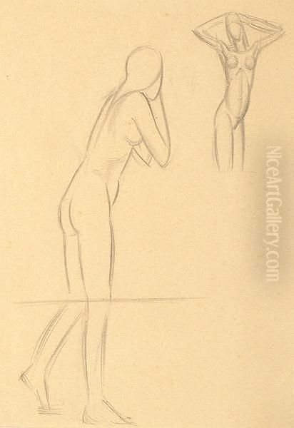 Studies Of A Standing Female Nude, C.1930 Oil Painting by Eric Gill