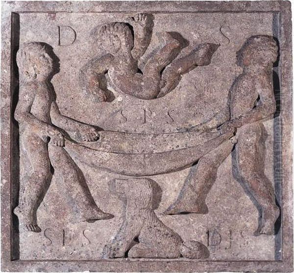 A Child Tossed In A Blanket; Relief For Merryfield House Oil Painting by Eric Gill