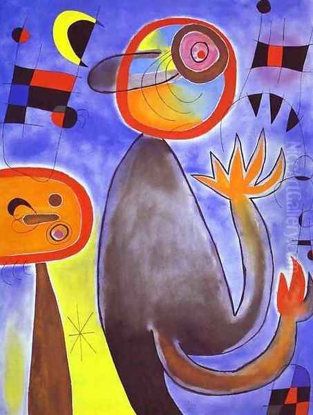 Ladders Cross the Blue Sky in a Wheel of Fire Oil Painting by Joaquin Miro