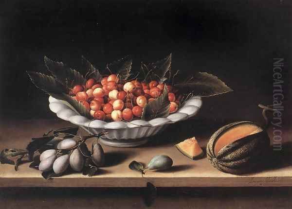 Cup of Cherries and Melon 1633 Oil Painting by Louise Moillon