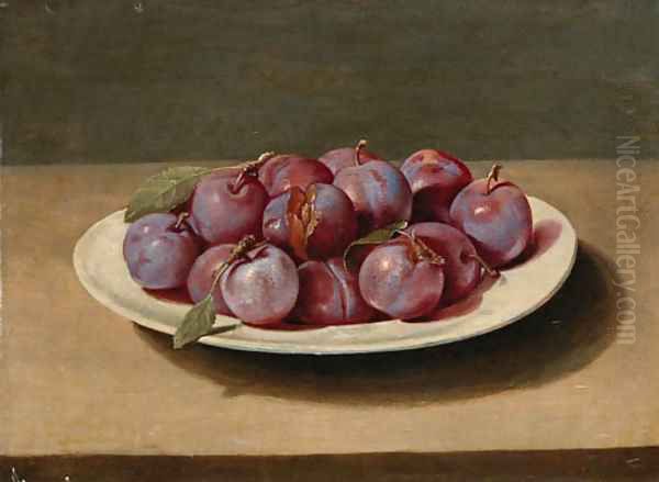 Plums on a white dish on a table Oil Painting by Louise Moillon