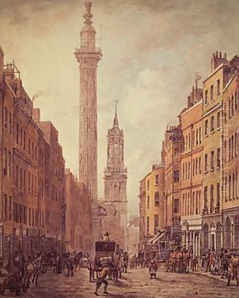 View of Fish Street Hill Monument and St Magnus the Martyr from Gracechurch Street Oil Painting by William Marlow