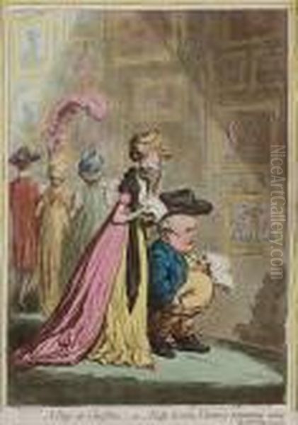 A Peep At Christies-or-tally-ho, & His Nimeney-pimmeney Taking The Morning Lounge Oil Painting by James Gillray