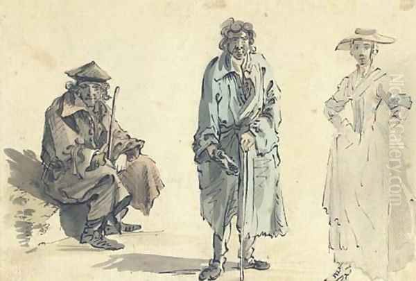 Three figure studies of an elegant lady and two gentleman, one wearing a greatcoat Oil Painting by William Marlow