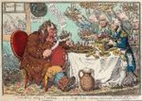 John Bull Taking A 
Luncheon:-or-british Cook, Cramming Old Grumble-gizzard With Bonne-chere Oil Painting by James Gillray