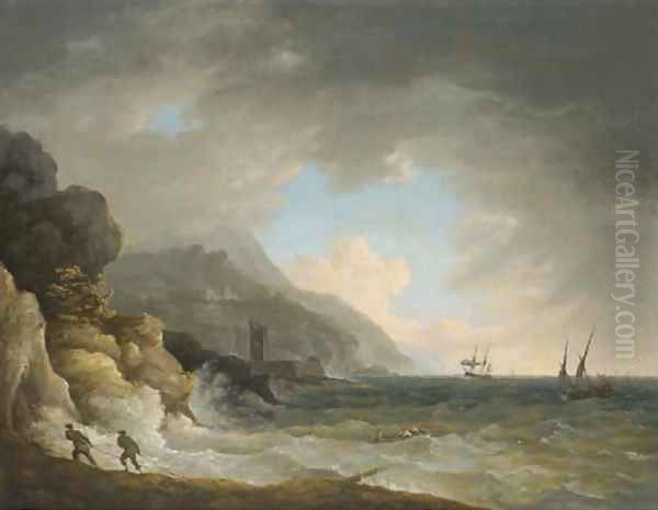 View Of A Bay Near Terracina With Figures And Shipping In Choppy Seas Oil Painting by William Marlow