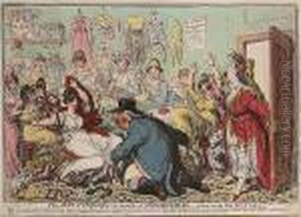 The Man Of Feeling, In Search Of Indispensibles:- A Scene At The Little French Milleners Oil Painting by James Gillray