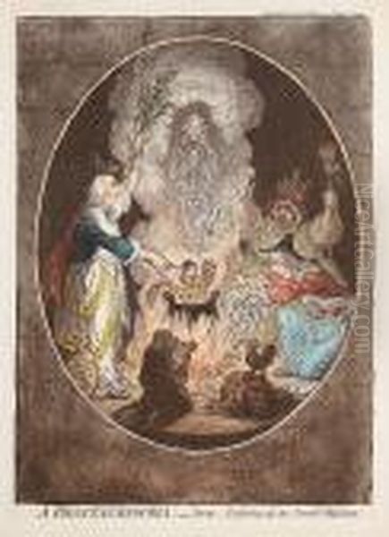 A Phantasmagoria;-scene-conjuring Up An Armed Skeleton Oil Painting by James Gillray