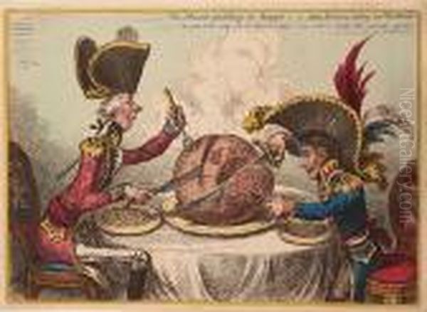 The Plumb-pudding In Danger;-or-
 State Epicures Taking Un Petit Souper. 'the Great Globe Itself And All 
Which It Inherit' Is Too Small To Satisfy Such Insatiable Appetites Oil Painting by James Gillray