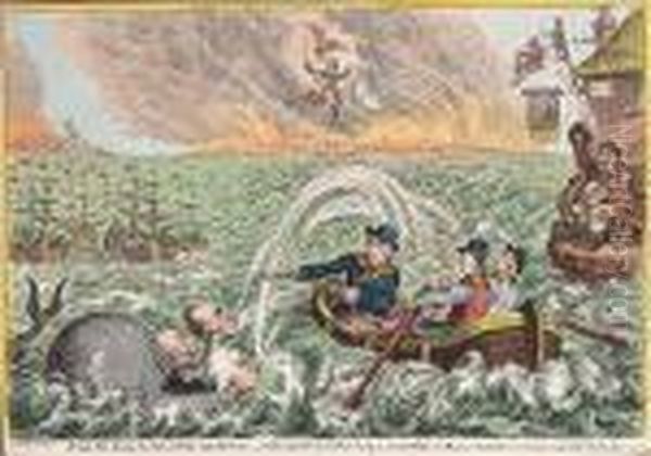 British Tars, Towing The Danish 
Fleet Into Harbour;-the Broadbottom Leviathan Trying To Swap Billys Old 
Boat, & The Little Corsican Tottering On The Clouds Of Ambition Oil Painting by James Gillray