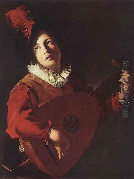 Lute Playing Young Oil Painting by Bartolomeo Manfredi