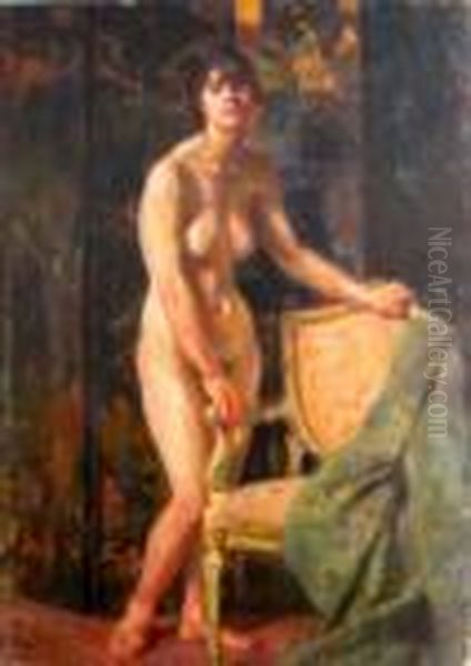 Modella Nuda In Posa Accanto Ad Una Poltrona Oil Painting by Francesco Gioli