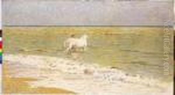 Il Bagno Del Cavallo - 1902 Oil Painting by Luigi Gioli