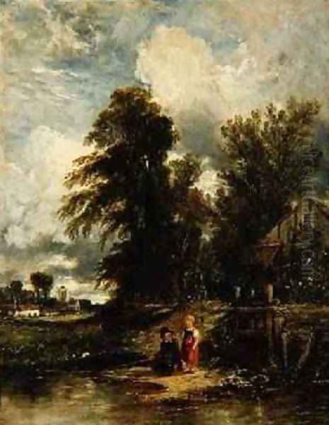 Millpond with children fishing 1843 Oil Painting by William James Muller