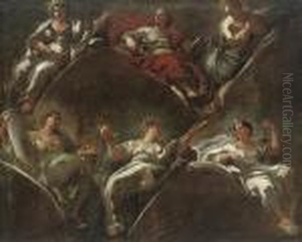 Six Allegorical Figures 
Representing Innocence, Fecundity,humility, Constancy, Chastity And 
Vigilance: A Modello Oil Painting by Luca Giordano