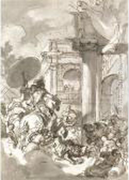 A Monarch Falling In Front Of 
Two Men On Horseback At The Entrance Of A Palace Crowded With People Oil Painting by Luca Giordano