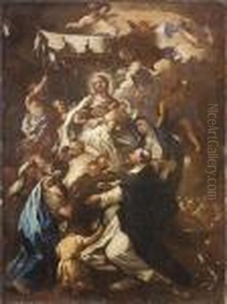 La Vergine Condotta In Cielo 
Dagli Angeli Offre Il Rosario Ai Santidomenico E Caterina Da Siena Oil Painting by Luca Giordano