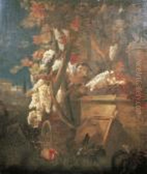 Young Boys Among Hanging Grapes In A Landscape Oil Painting by Luca Giordano