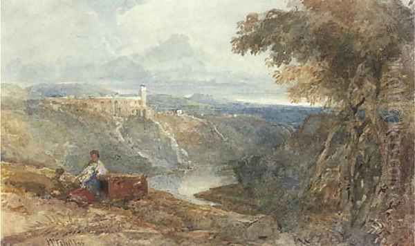 Travellers in an extensive landscape before a fortress Oil Painting by William James Muller