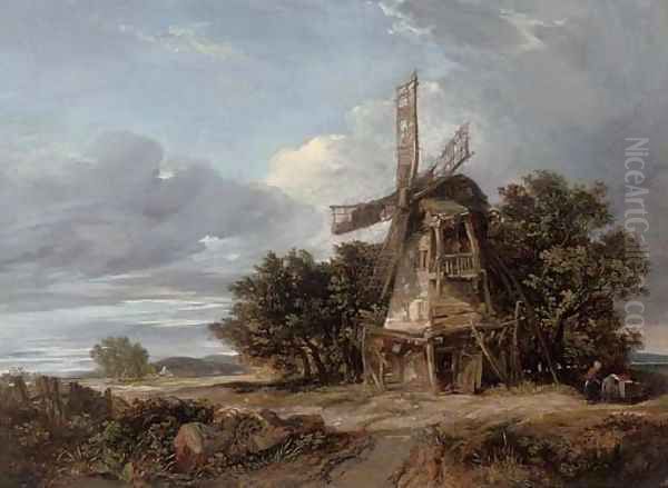 A wooded landscape with a windmill and a figure on a track Oil Painting by William James Muller