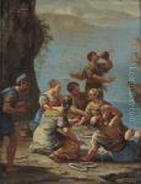 Figures On A Shore Eating Pasta And Drinking Wine Oil Painting by Luca Giordano