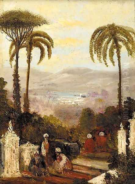 Figures on a terrace in an Eastern landscape Oil Painting by William James Muller