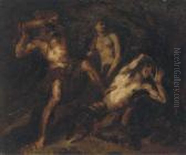 Two Satyrs In Combat Oil Painting by Luca Giordano