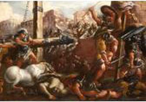 A Battlescene With A Town Wall Being Beaten Down With A Battering Ram Oil Painting by Luca Giordano