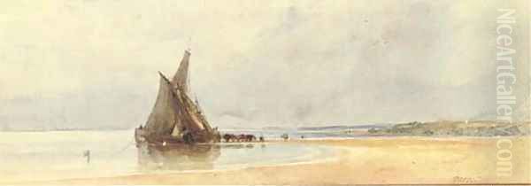 Moored sailing vessels and cows at low tide Oil Painting by William James Muller