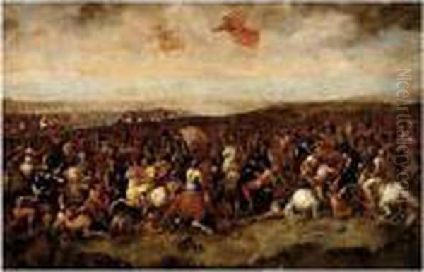 A Cavalry Engagement, Possibly 
The Battle Of Constantine, With A Coastline Visible Beyond Oil Painting by Luca Giordano