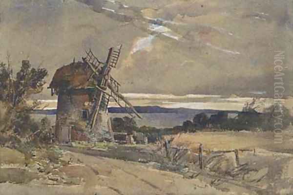 A windmill in an extensive landscape Oil Painting by William James Muller