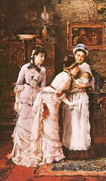 Baby's Visitors (Babalatogatoban- Reszlet) (detail) 1879 Oil Painting by Mihaly Munkacsy