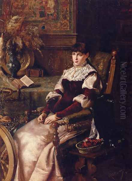 Lady With Spinning Wheel Oil Painting by Mihaly Munkacsy