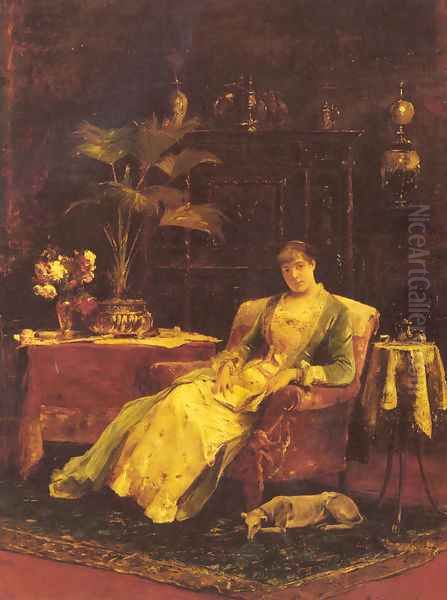 A lady seated in an Elegant Interior Oil Painting by Mihaly Munkacsy